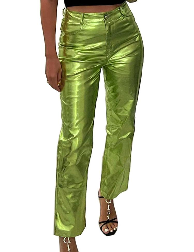 Metallic Green Pants, High Waist Pants