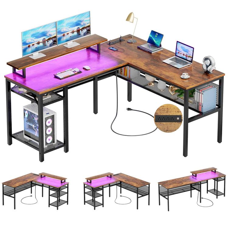 Unikito L Shaped Desk with Magic Power Outlets and Smart Strip Light,  Reversible 55 Inch Corner Computer Desk with Monitor Stand, Unique Grid  Design, Office Table with Storage Shelves, Rustic Brown